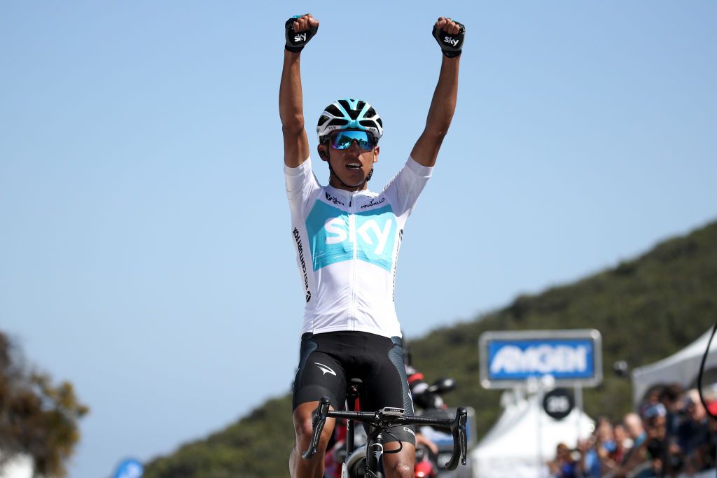 Egan Bernal (Team Sky) celebrates winning stage 2 of the 2018 Tour of California at Gibraltar Road