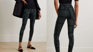 composite of model wearing Toteme Printed recycled stretch-jersey leggings