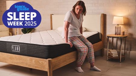 A woman purchases on the edge of the Plank Firm mattress in a bedroom, a Tom's Guide Sleep Week 2025 deals graphic (left)