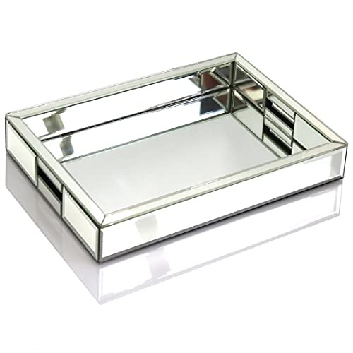 Rectangle Silver Mirror Decorative Tray Size 11&amp;rdquo; Length X 14&amp;rdquo; Width X 2&amp;rdquo; Height, Mirrored Vanity Organizer With Hand, Markup Perfume Jewelry Tray for Bathroom Bedroom Dresser Coffee Table Qmdecor