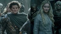 From left to right: Elrond walking with Orcs behind him and Galadriel standing seriously with Orcs behind her. 