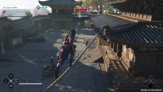 Naoe runs along a rope in a temple in Assassin's Creed Shadows