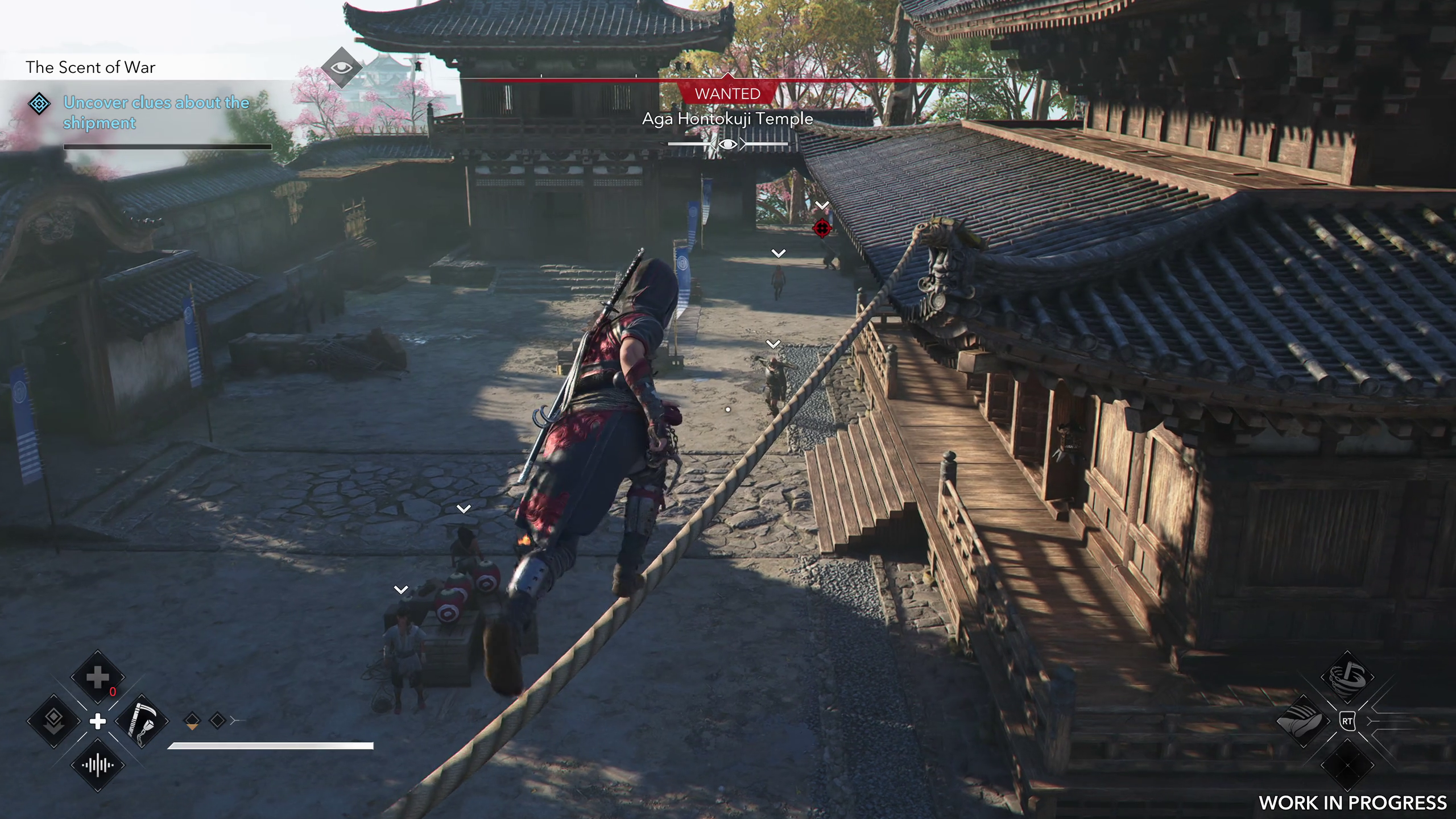 Naoe runs along a rope in a temple in Assassin's Creed Shadows