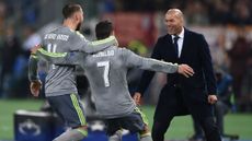 Sergio Ramos and Cristiano Ronaldo celebrate with Zinedine Zidane