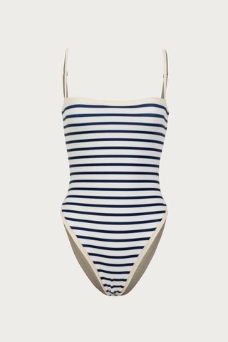 striped one-piece swimsuit in navy and white 