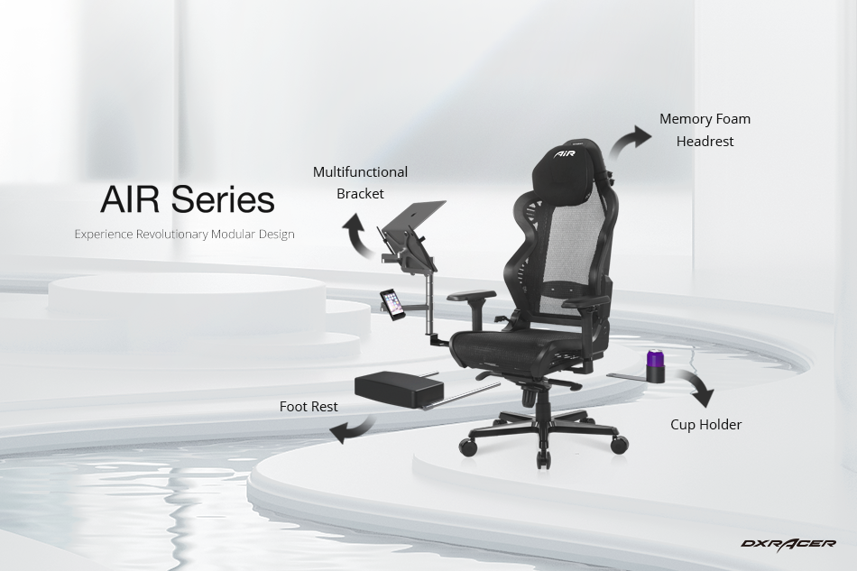 A product shot of the DXRacer Air Series chair, featuring all of its modular attachments and where each can be placed on the chair.