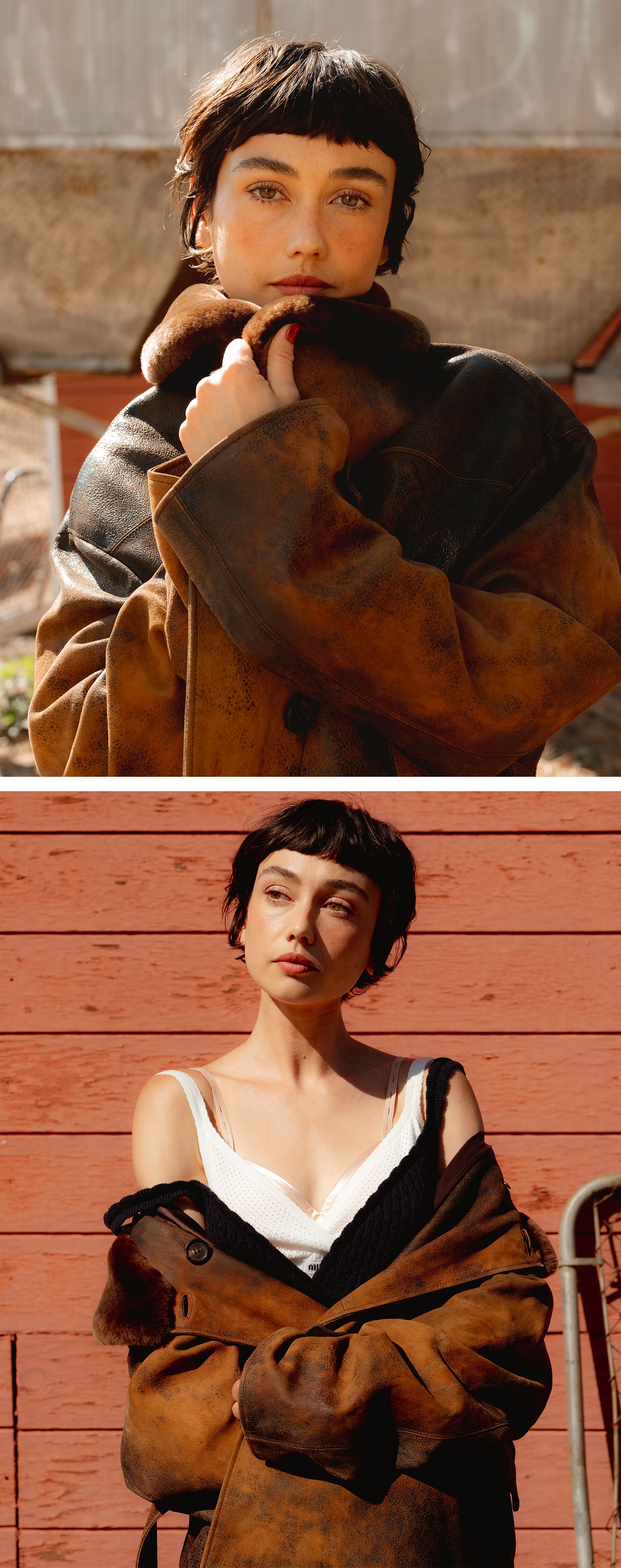 Top image: Sydney Chandler bundles up in a brown leather Miu Miu coat with faux fur collar. Bottom image: Sydney Chandler wears a Miu Miu layered dress and coat.