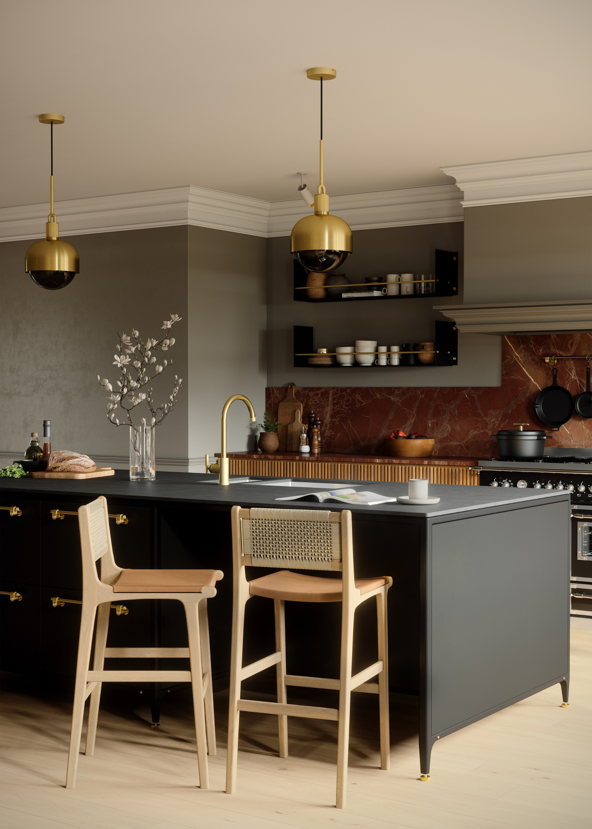 beautiful kitchen with red marble splashback