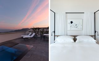Two images. Left, a balcony with loungers, a glass table and a view of strips of pink clouds. Right, a double bed with white bedding and a painting on the wall above it.