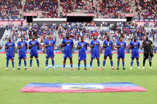 MIAMI, FLORIDA - JUNE 5: Players of Haiti line up prior to the international friendly match between Haiti and Peru at Nu Stadium on June 5, 2026 in Miami, United States. (Photo by Leonardo Fernandez/Getty Images)