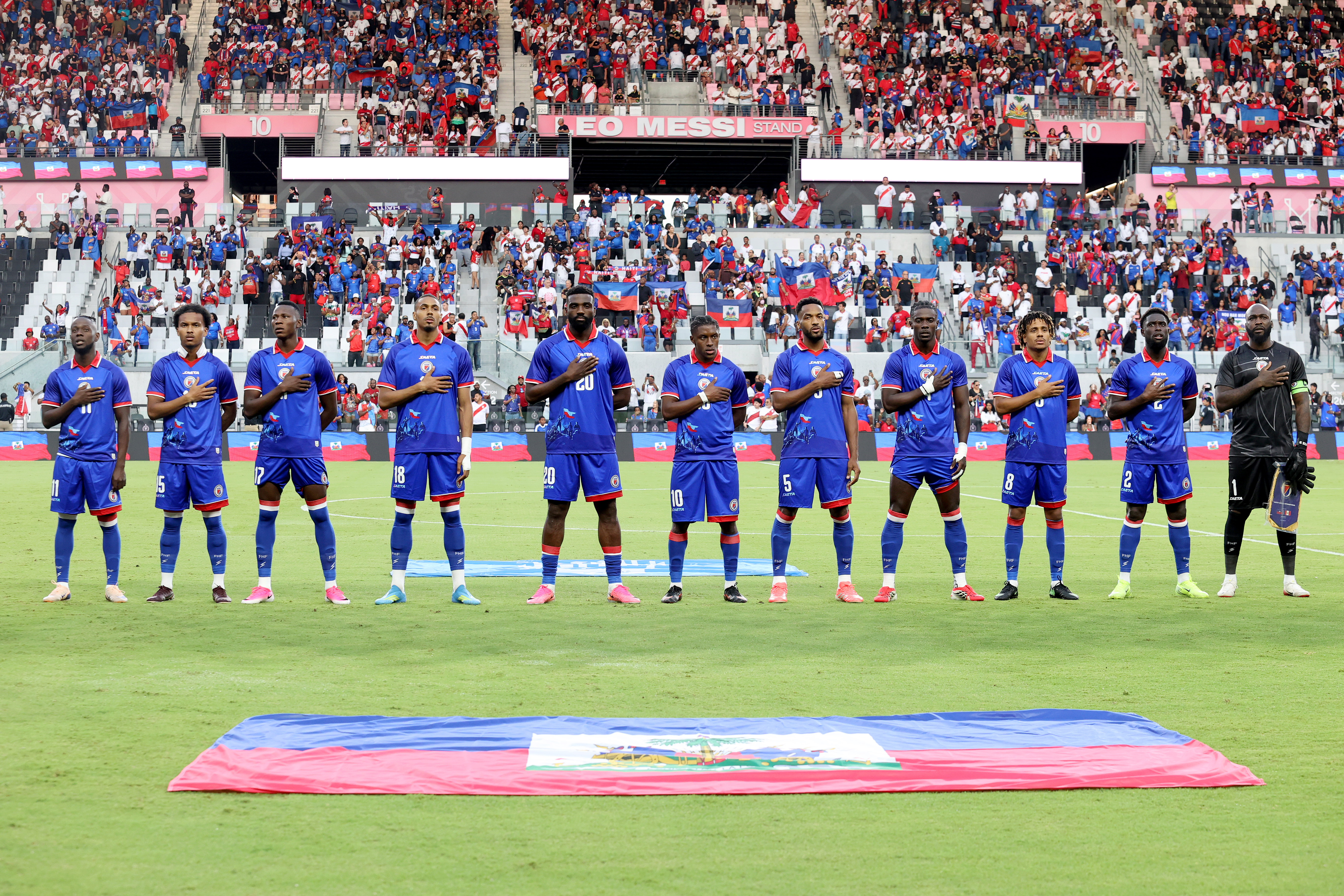 MIAMI, FLORIDA - JUNE 5: Players of Haiti line up prior to the international friendly match between Haiti and Peru at Nu Stadium on June 5, 2026 in Miami, United States. (Photo by Leonardo Fernandez/Getty Images)