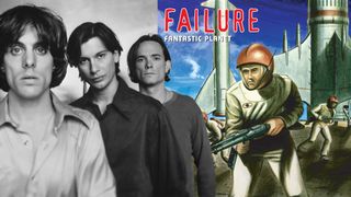 A black and white press shot of the band Failure, with the artwork for their album Fantastic Planet