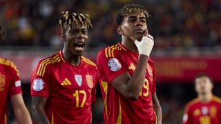 Lamine Yamal and Nico Williams celebrate their third goal over Netherlands in the Nations League quarter-final against Netherlands.