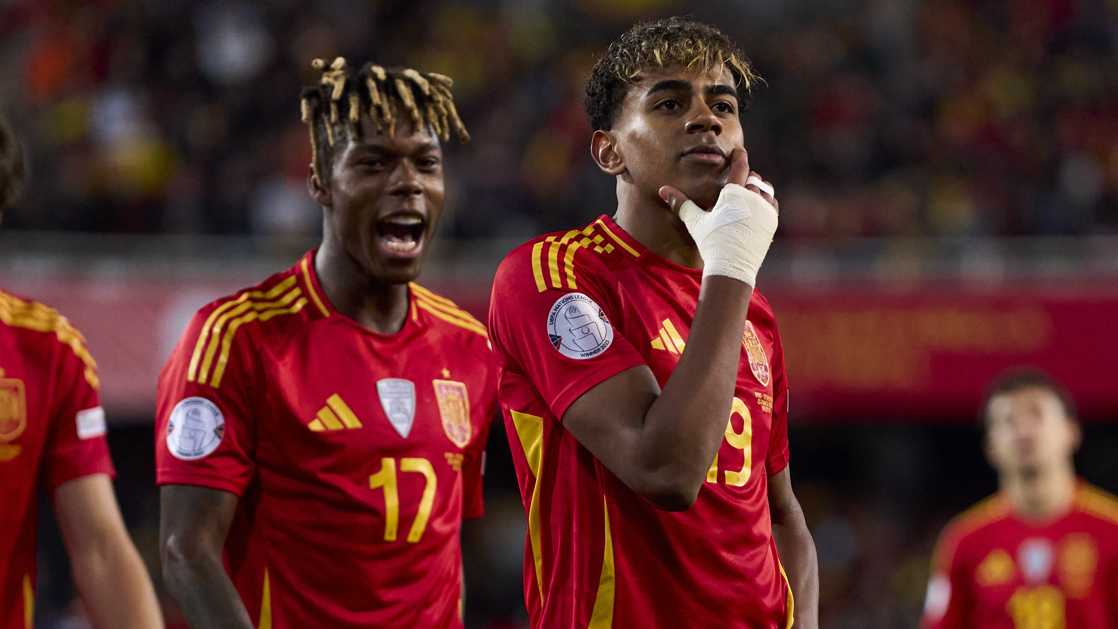 Lamine Yamal and Nico Williams celebrate their third goal over Netherlands in the Nations League quarter-final against Netherlands.
