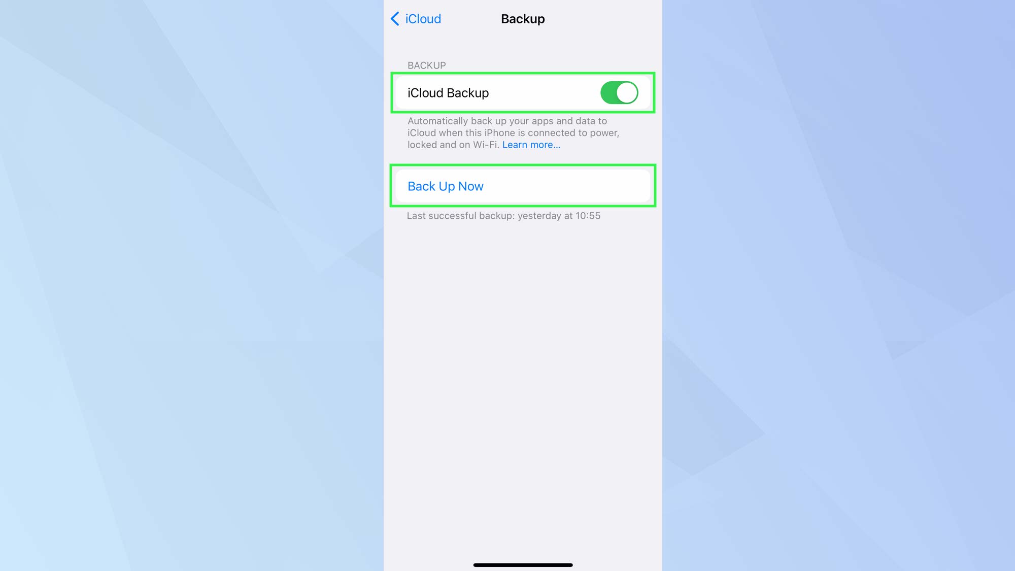 Приложение iCloud для iOS с выделенным iCloud Backup and Backup Now