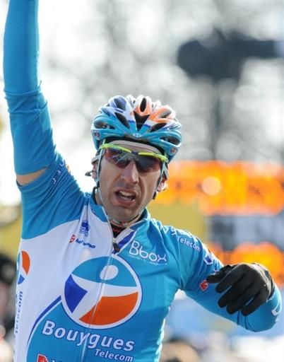 William Bonnet (Bbox Bouygues Telecom) celebrates his sprint victory in stage two of Paris-Nice.