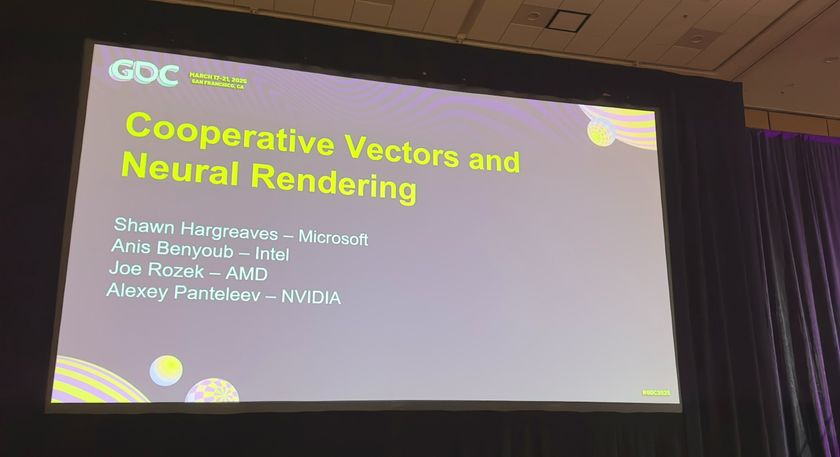 A photograph of the opening slide of a Microsoft lecture on Cooperative Vectors at GDC 2025