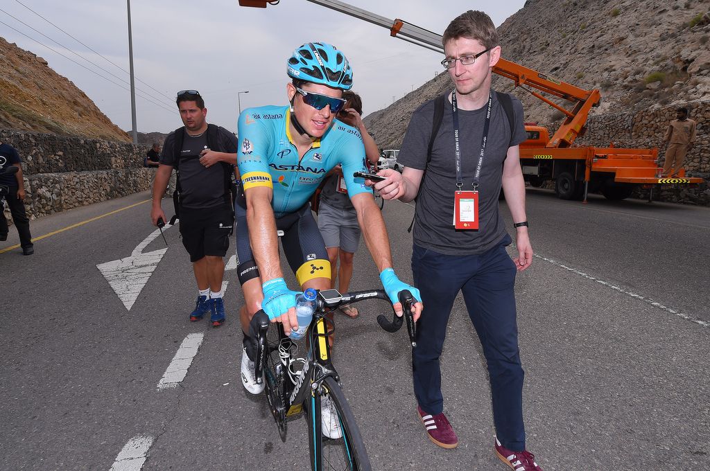 Jakob Fuglsang (Astana) with Cyclingnews' Barry Ryan after stage 2