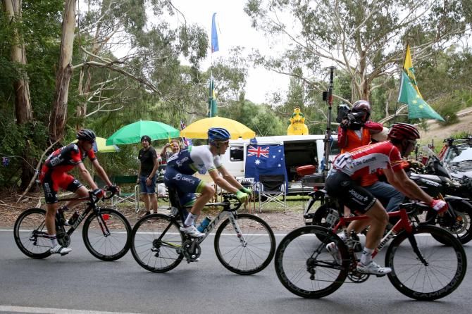 The three man break of Cam Meyer (Orica-GreenEdge), Campbell Flakemore (BMC) and Thomas De Gent (Lotto-Soudal)