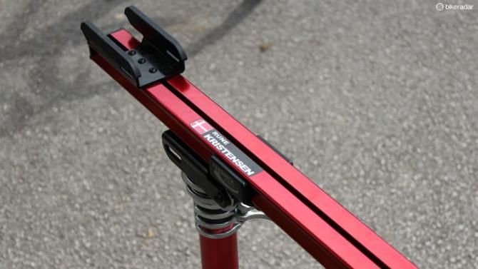 At Tinkoff-Saxo, there is no tool sponsor, which mechanic Rune Kristensen says is a great thing because he can use what he wants, like this Feedback Sports Sprint stand