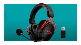 The HyperX Cloud Wireless Alpha gaming headset on a teal deals background.