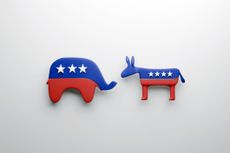 US election donkey and elephant figures in red white and blue