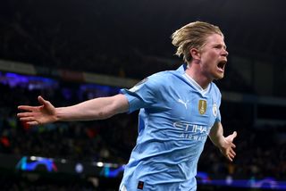 Kevin De Bruyne celebrates a goal for Manchester City against Real Madrid in the Champions League in April 2024.