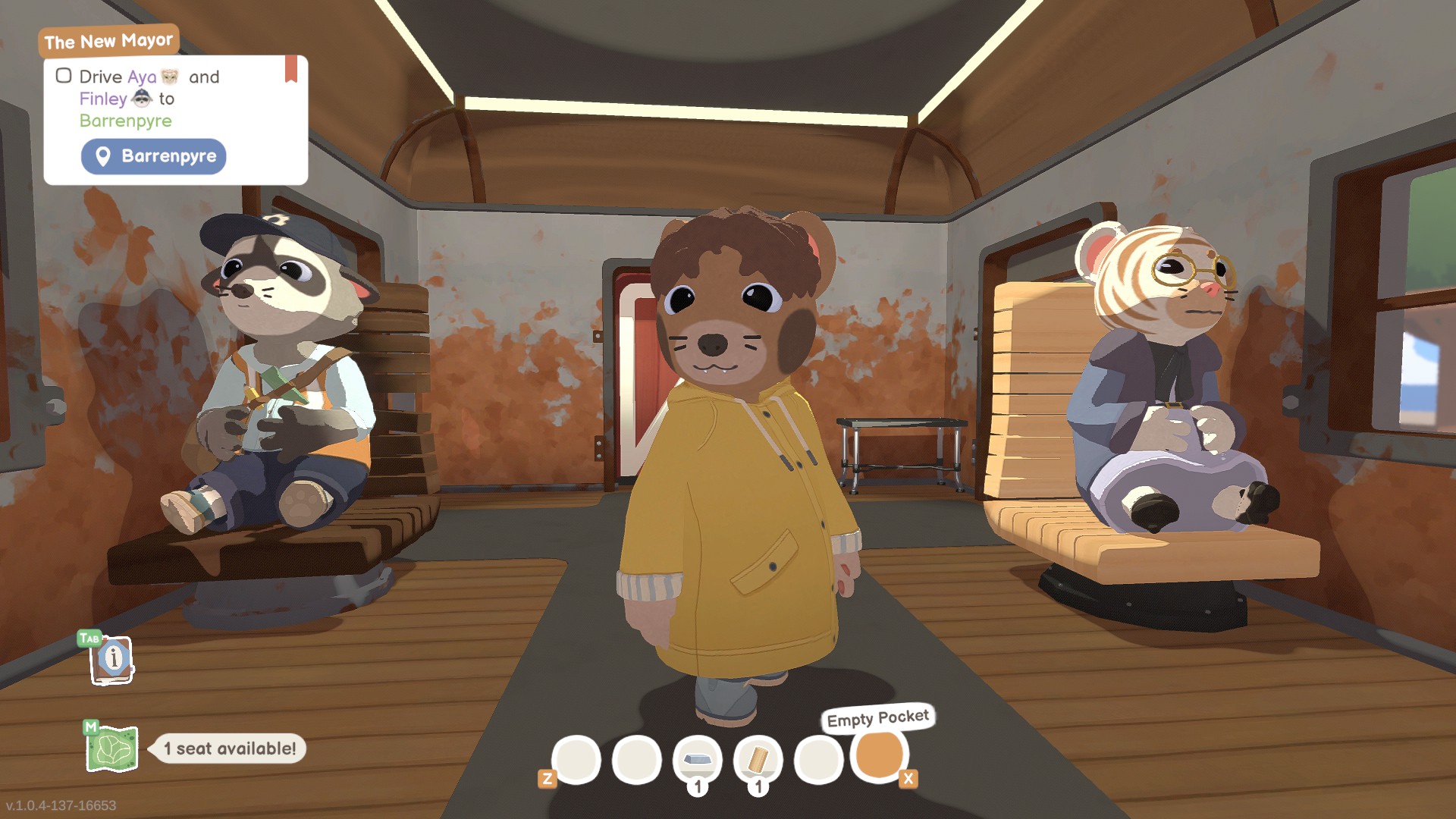 Locomoto screenshot of a bear conductor standing in a train carriage with two passengers sitting in the seats either side of him