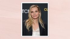 Michelle Pfeiffer is seen with side-swept hair and wearing a black blazer and white silk shirt as TCM honours her with the Hand and Footprint Ceremony at TCL Chinese Theatre on April 25, 2025 in Hollywood, California/ in a pink watercolour paint-style template