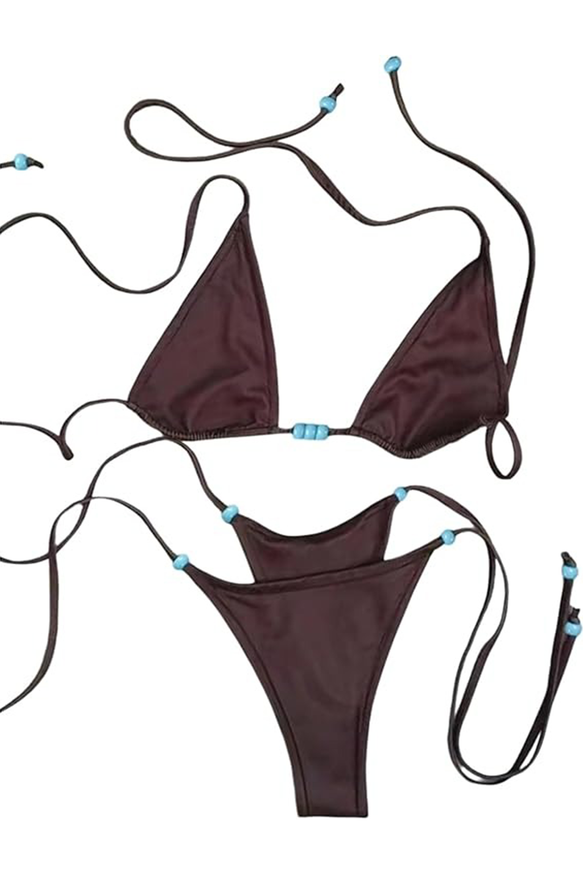Wdirara Women's 2 Piece Bikini Set Triangle Halter String Swimsuit Beaded Bathing Suit Brown Small