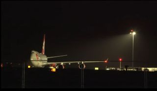 Virgin Orbit's carrier plane, Cosmic Girl, at Spaceport Cornwall in England shortly before the liftoff of the "Start Me Up" mission.