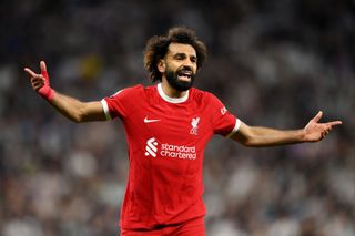Mohamed Salah of Liverpool reacts during the Premier League match between Tottenham Hotspur and Liverpool FC at Tottenham Hotspur Stadium on September 30, 2023 in London, England.