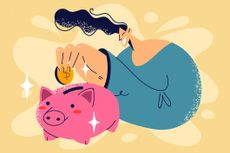 Illustration of smiling person putting a coin in piggybank