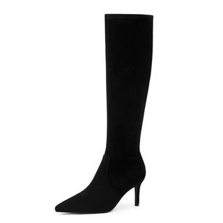 Modatope Schwarze Stiefel für Damen, kniehohe Stiefel, Stretch, schwarze hohe Wildlederstiefel, 2024, Stiletto-Kitten-Heel-Damen-Herbststiefel, spitze Zehen, hohe Stiefel, Größe 9,5