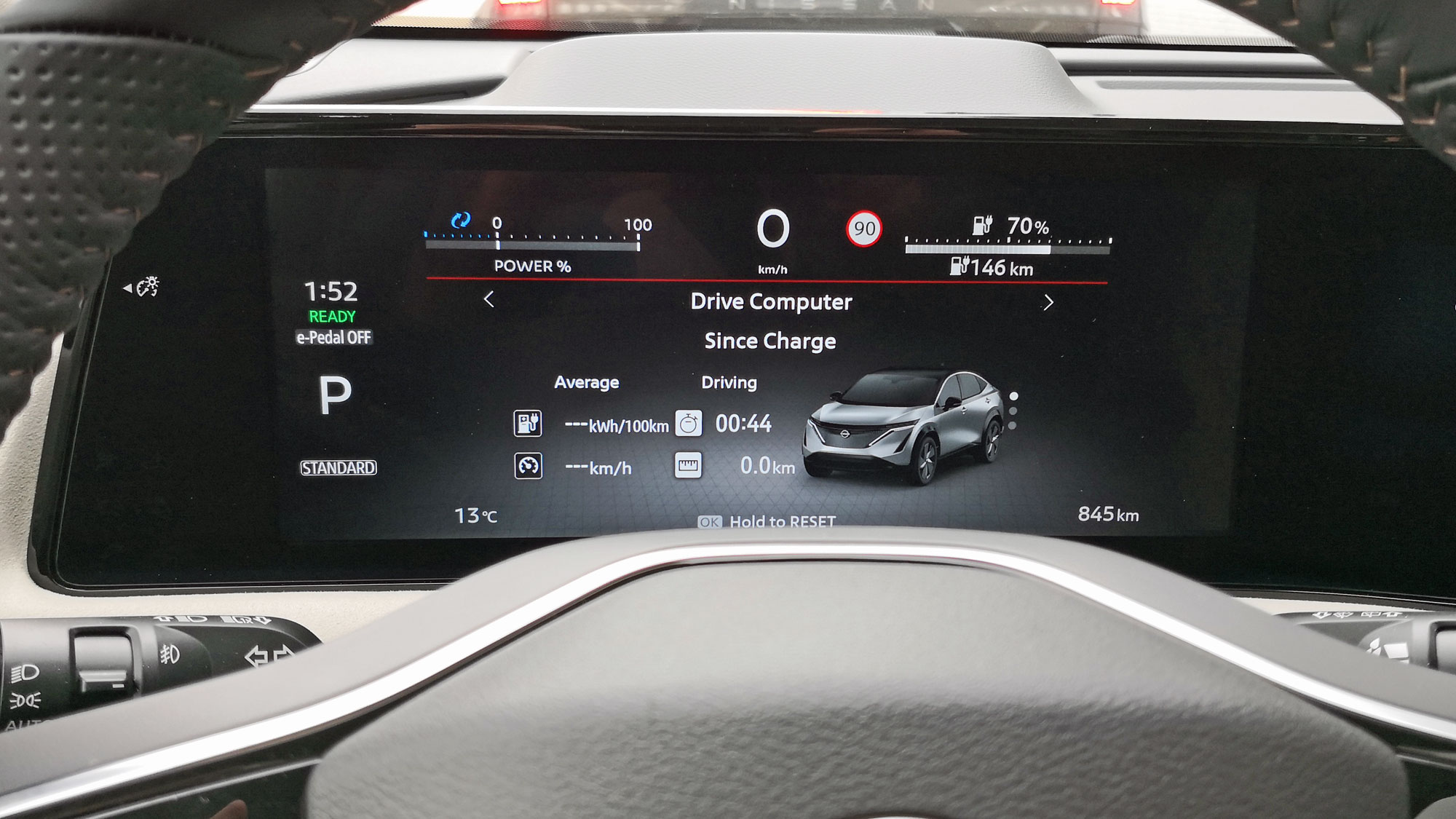 Close-up of the cluster display in the Ariya EV