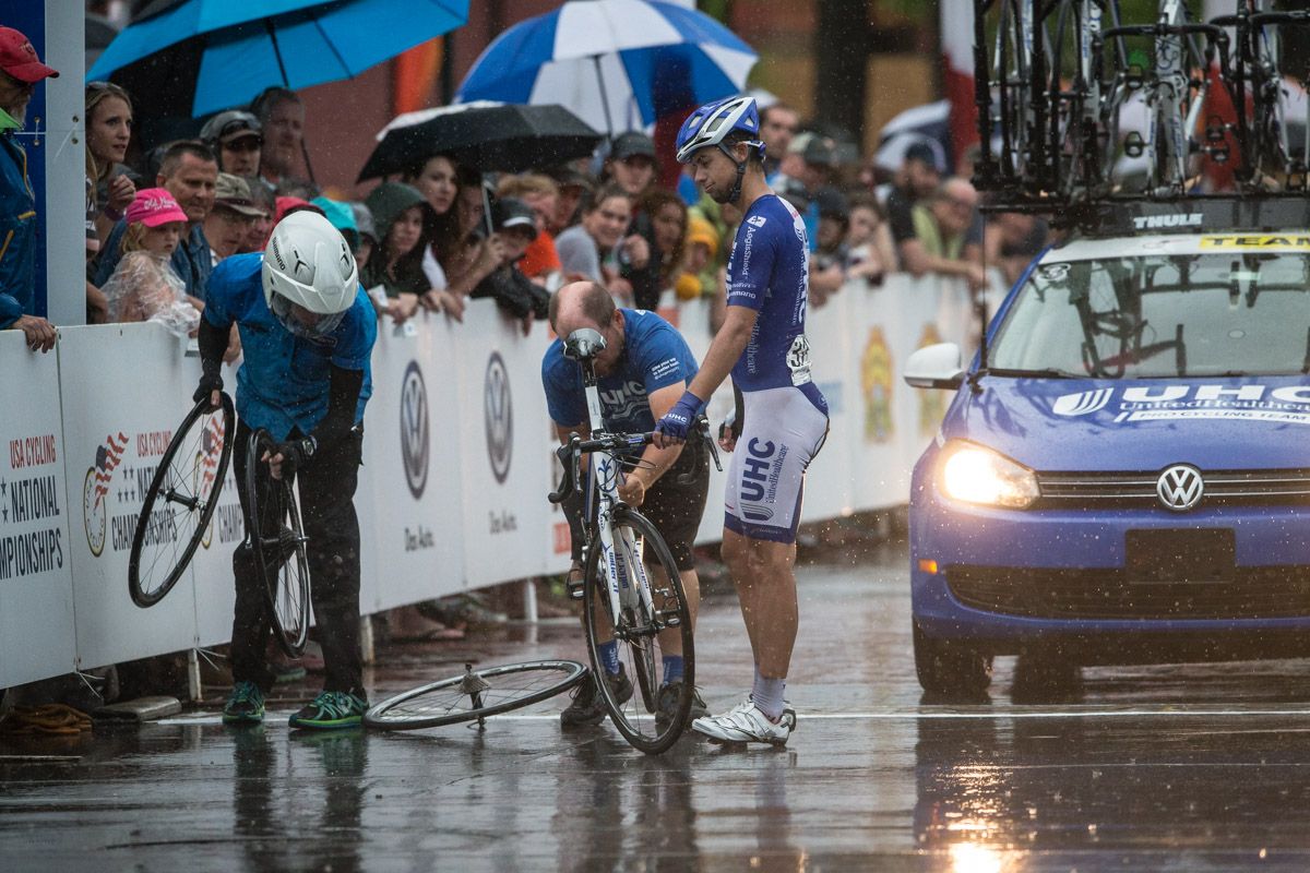 Kiel Reijnan (UnitedHealthcare) has a mechanical issue with only one lap to go.