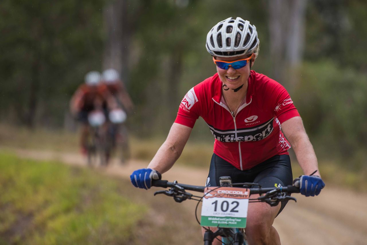 Lucy Coldwell in good spirits on today's long marathon stage.