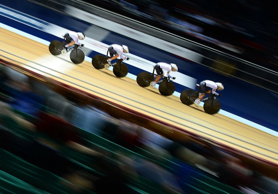 Charlott Becker, Tatjana Paller, Gudrun Stock and Franziska Brausse of Germany compete in the Women's Team Pursuit