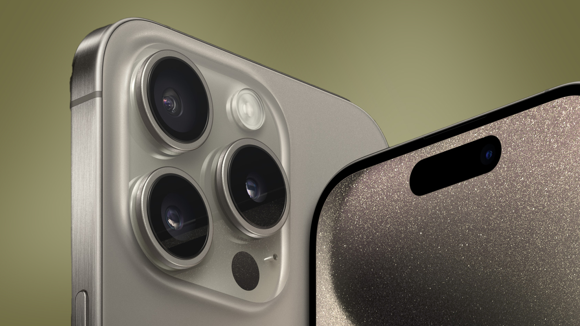 The iPhone 15 Pro Max on a khaki green background