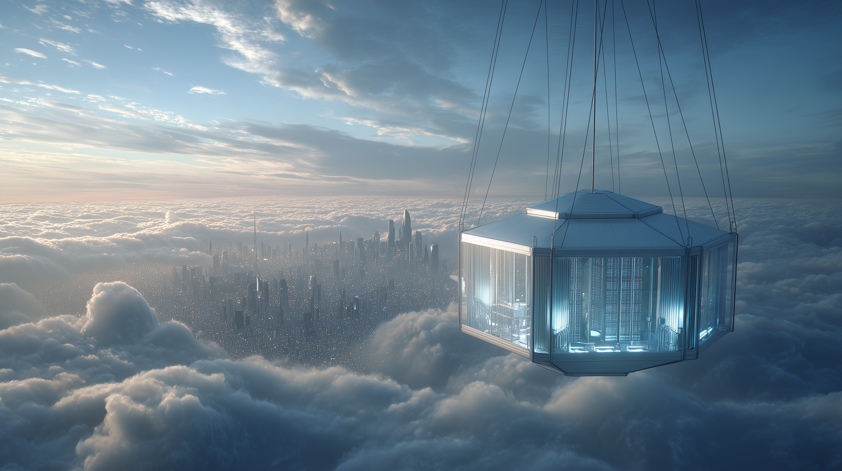 Concept image of a floating data center high above the cloud.