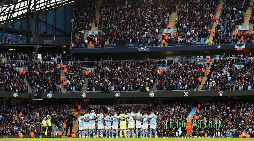 Manchester City and Brighton fans observe a minute&#039;s silence in memory of victims of the recent attacks in Israel and Gaza in October 2023.