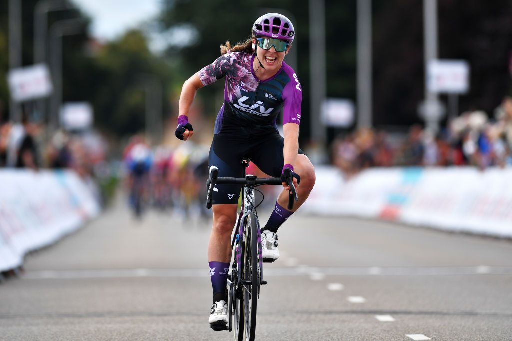 HARDENBERG NETHERLANDS AUGUST 25 Julia Soek of Netherlands and Team DSM leads The Peloton during the 23rd Simac Ladies Tour 2021 Stage 1 a 1344km stage from Zwolle to Hardenberg SLT2021 UCIWWT on August 25 2021 in Hardenberg Netherlands Photo by Luc ClaessenGetty Images