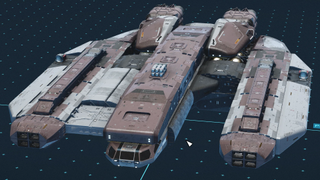 A recreation of the Ebon Hawk from Knights of the Old Republic in Starfield's ship editor.