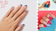 A composite image of three different simple 4th of July nail designs by Bellacures