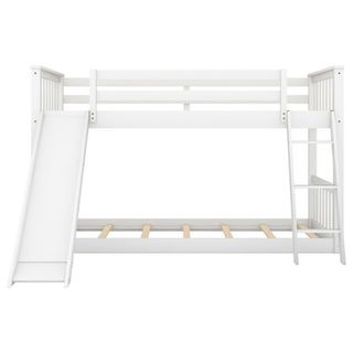 Euroco Twin Over Twin Floor Bunk Bed With Slide and Ladder, Solid Wood Bunk Bed With Interchangeable Ladder and Slide for Kids Teens Adults, White