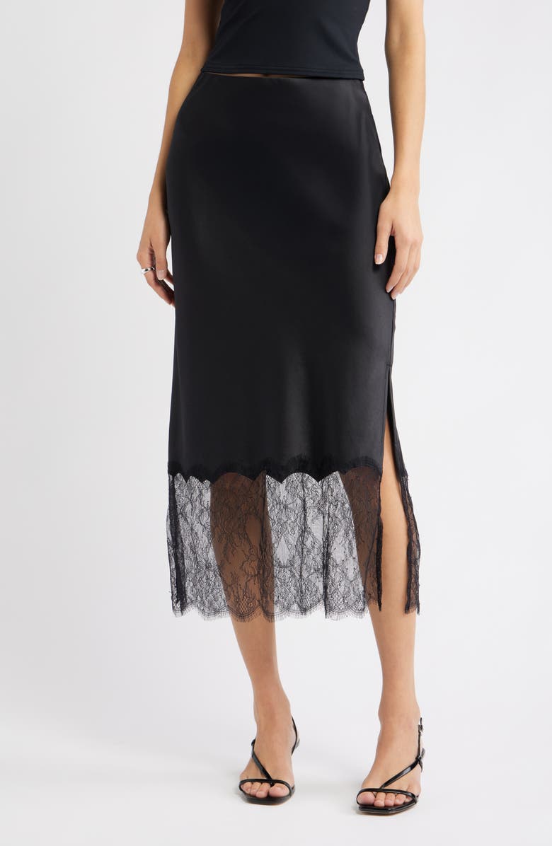 Lace Trim Satin Midi Skirt
