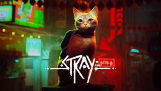 Stray key art featuring the cat at its center in a cyberpunky background