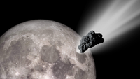 An illustration shows an asteroid heading for a lunar impact