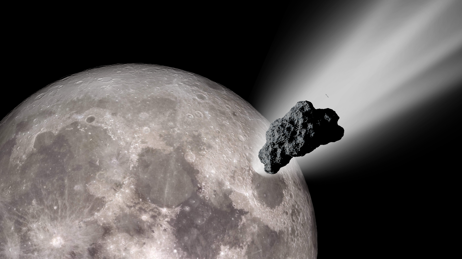 An illustration shows an asteroid heading for a lunar impact