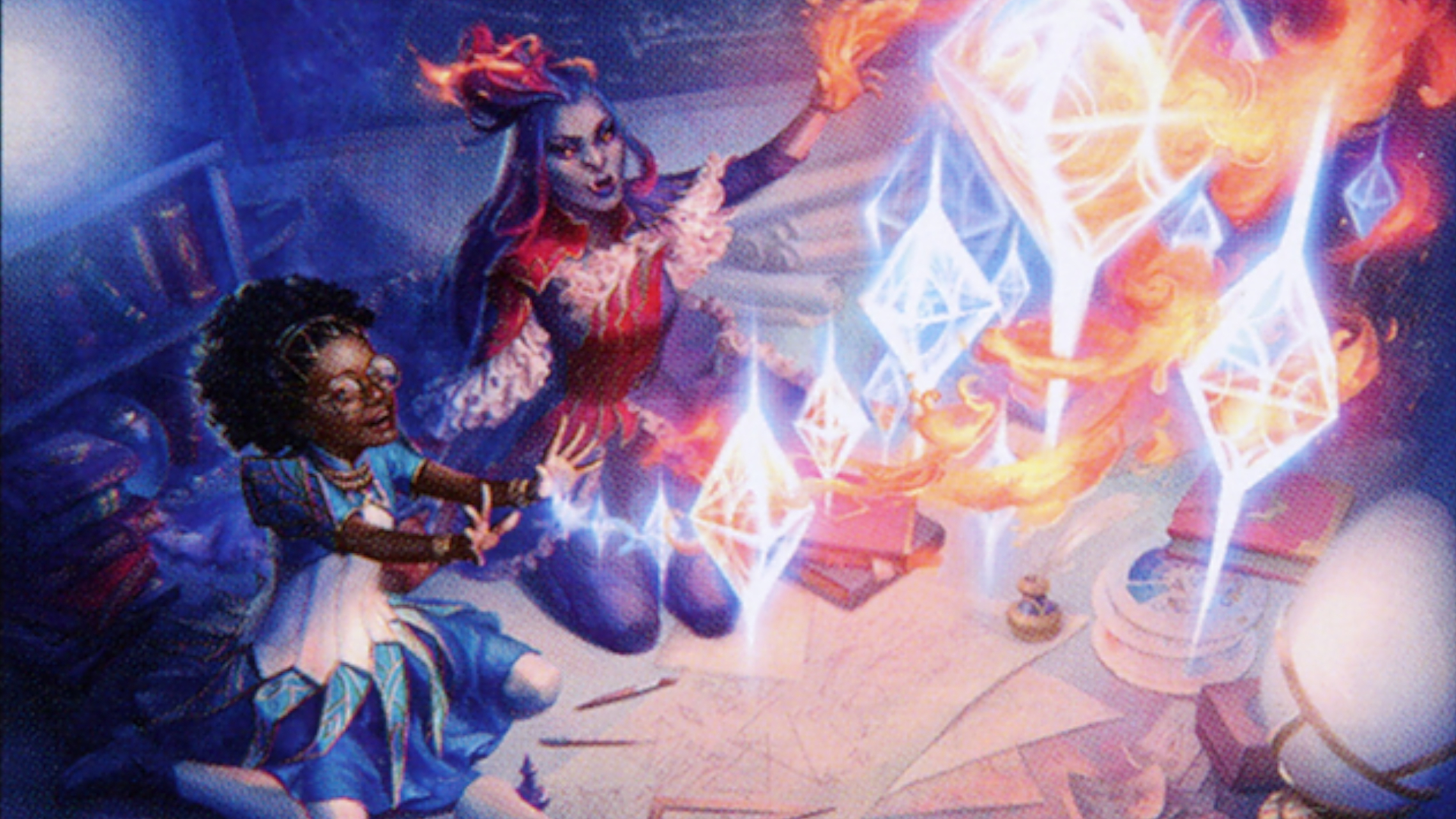 Two spellcasters on their knees smile while casting holographic patterns in a study